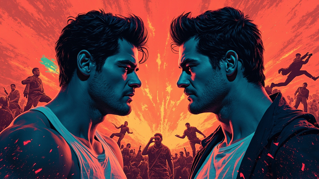 Illustration: Two illustrated, muscular male faces shown in profile confront each other against a fiery orange background filled with smaller painted figures engaged in various action scenes.