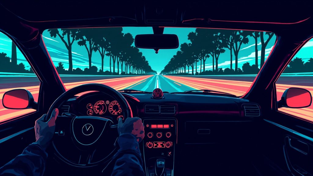 Illustration: A first-person view from inside a car's cockpit showing a black steering wheel and dashboard gauges in front of a pixelated road stretching toward a tree-lined horizon.