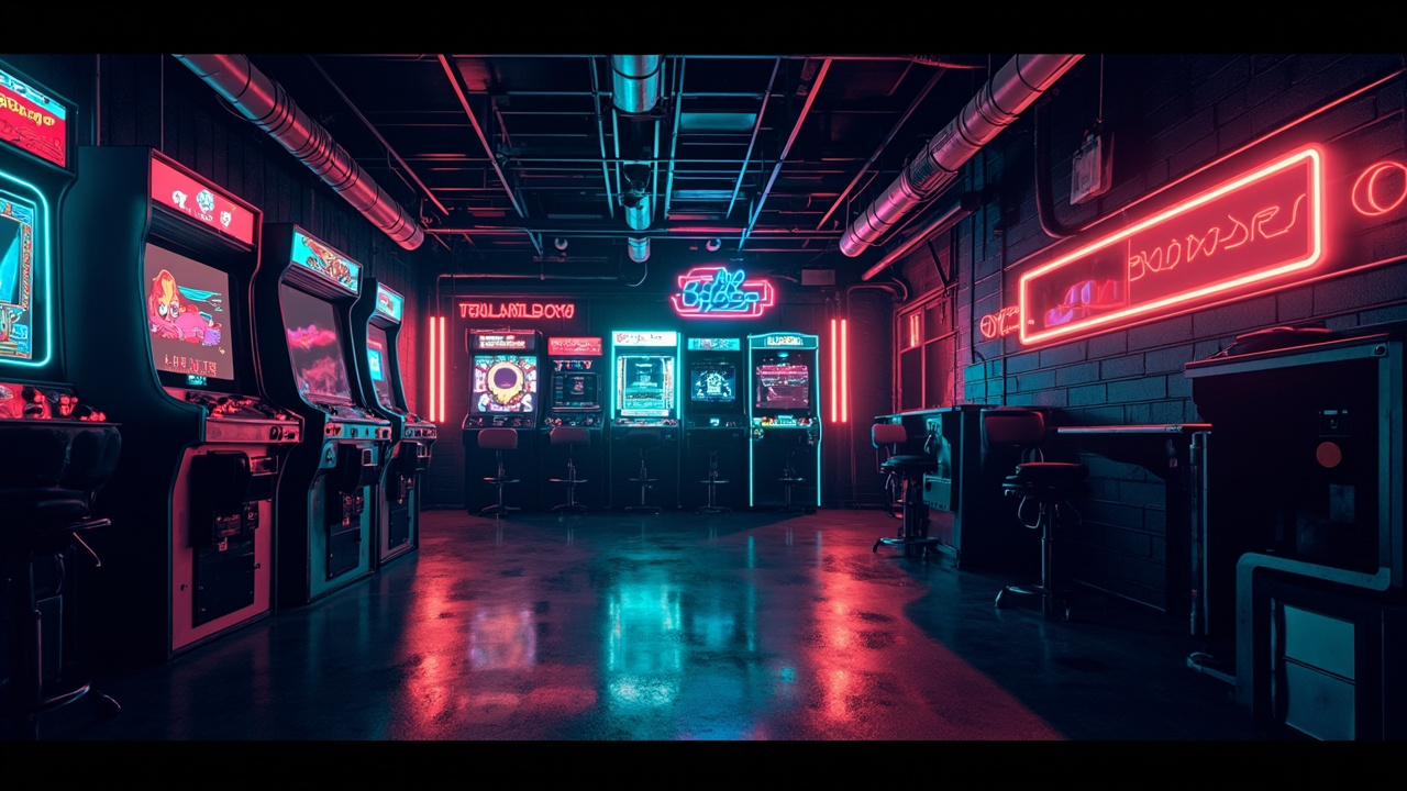 Illustration of a neon-lit retro arcade interior