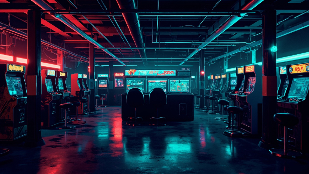Illustration of a neon-lit retro arcade interior