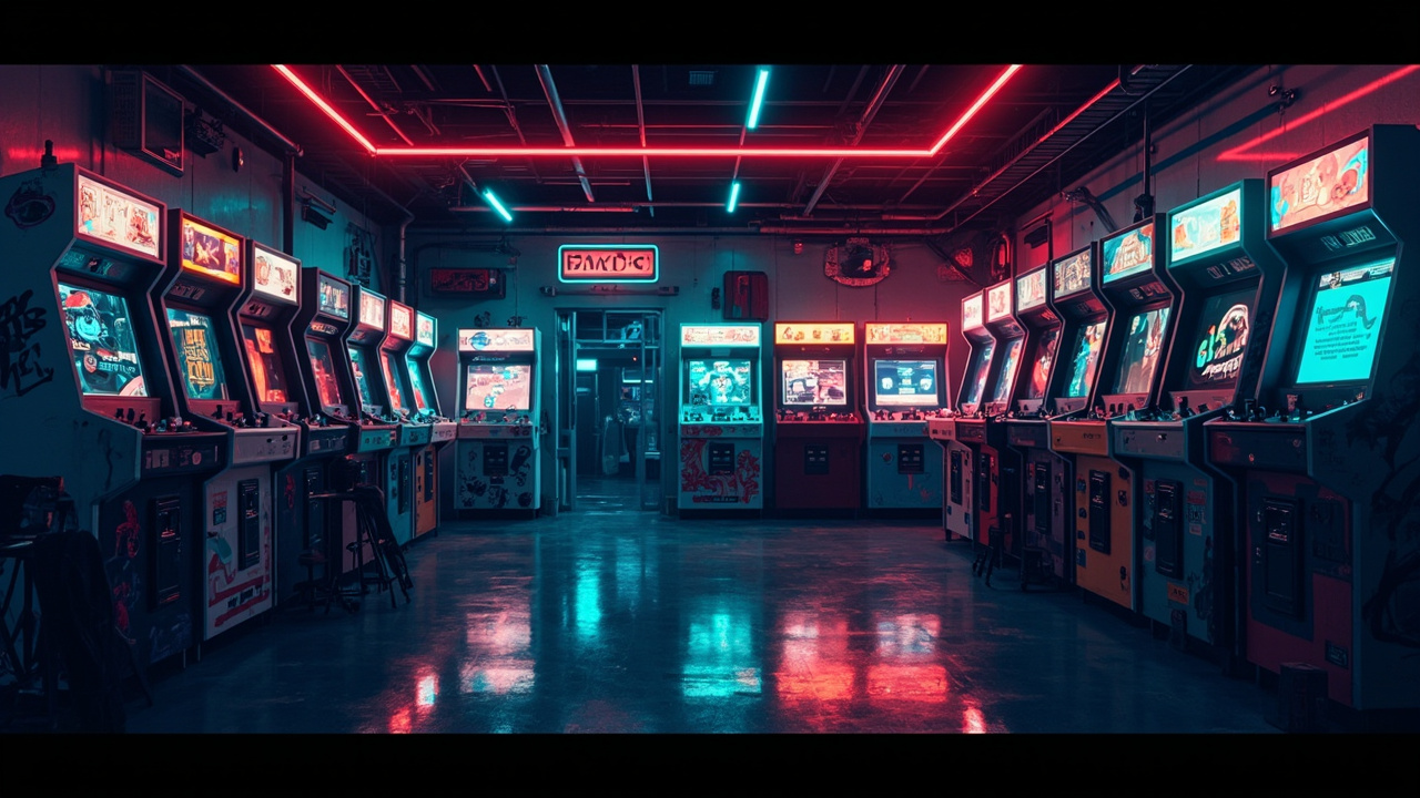 Illustration of a neon-lit retro arcade interior