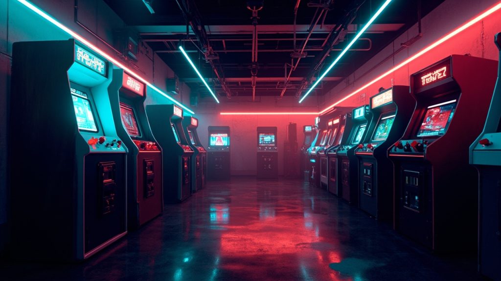 Illustration of a neon-lit retro arcade interior