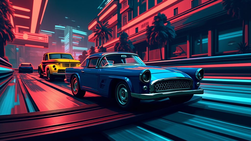 Illustration: Two miniature die-cast toy cars, one blue and one yellow, race along a track through a stylized urban backdrop of buildings and trees, with a curved black track piece spinning near the blue car's front wheel.