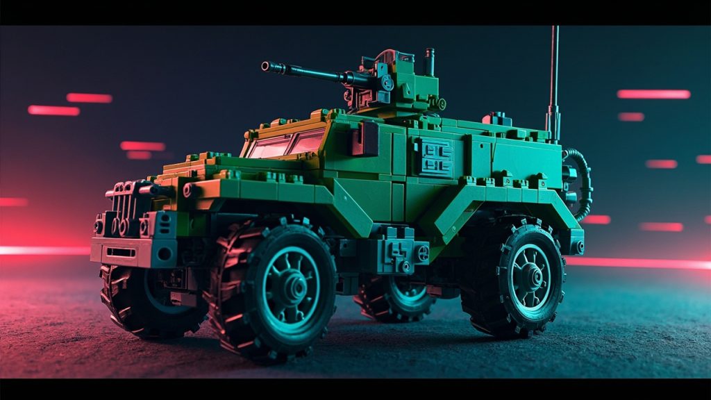 Illustration: A green and gray brick-built model of a four-wheeled armored military vehicle featuring a mounted top weapon, antennas, and large treaded tires.