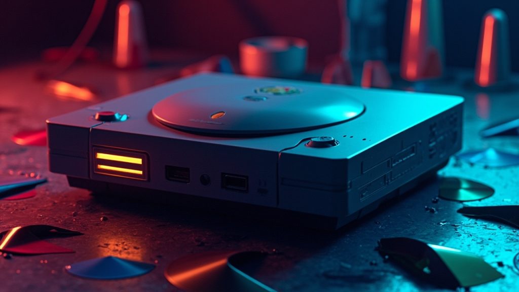 Illustration: A gray gaming console featuring a large circular disc cover, an illuminated power button, and a smaller reset button sits on a surface with scattered game discs visible in the foreground.