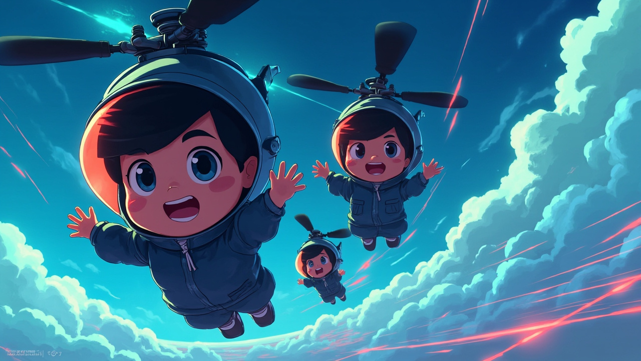 Illustration: A group of animated cartoon characters wearing small propeller-topped helicopter caps fly through a clear blue sky with outstretched arms.