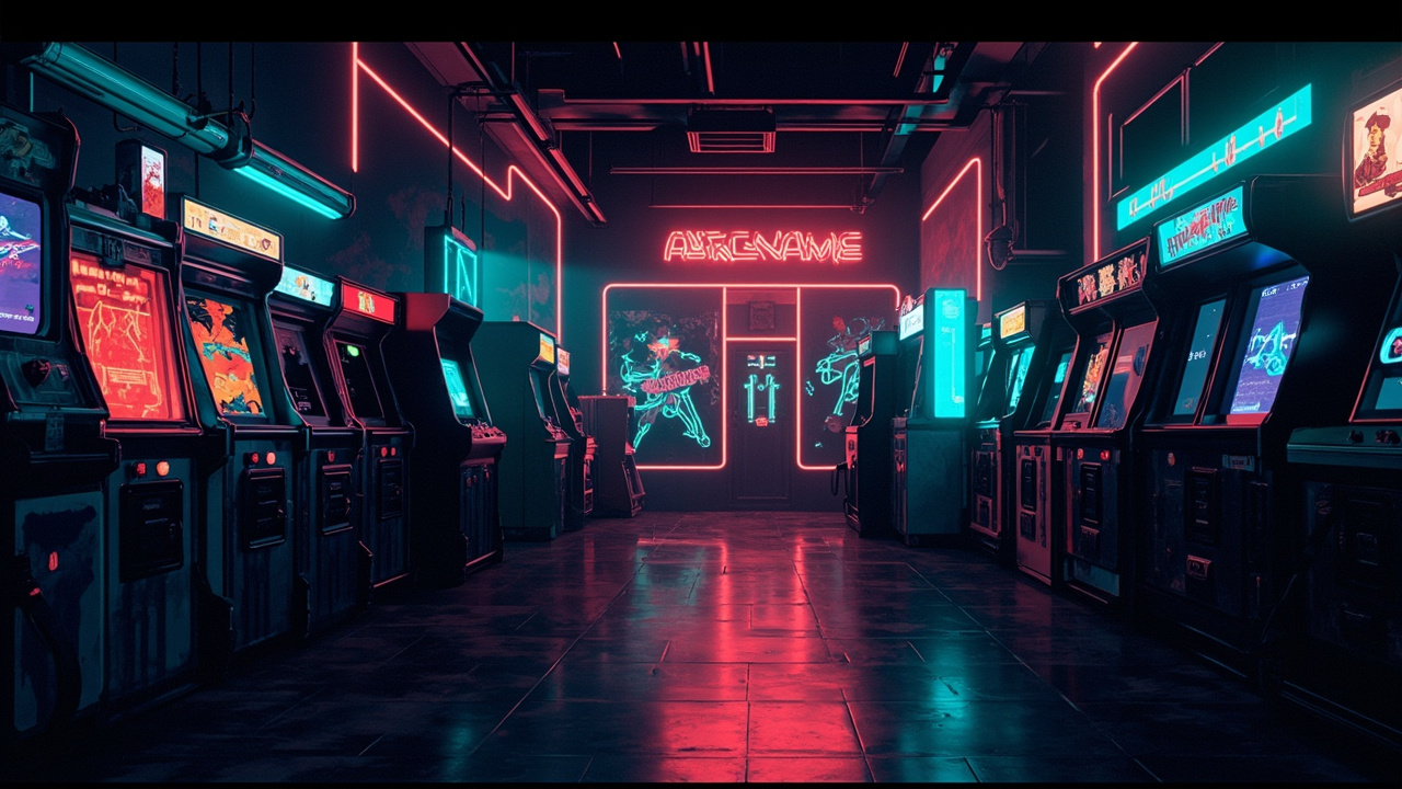 Illustration of a neon-lit retro arcade interior