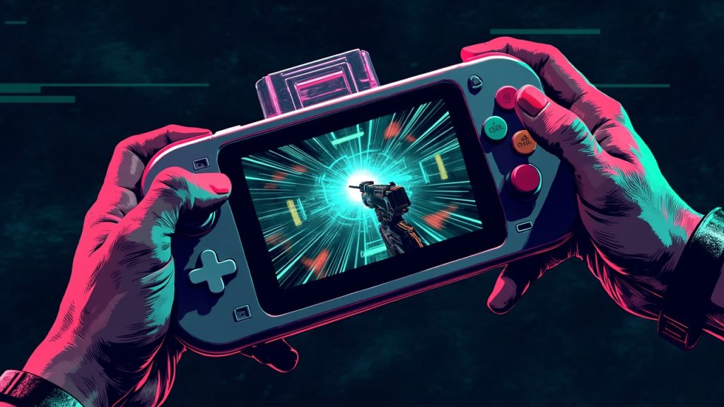 Illustration: A hand holds a gray handheld gaming console featuring a directional pad on the left, colorful action buttons on the right, and a central screen displaying a first-person shooter game, with a clear cartridge inserted into the top.