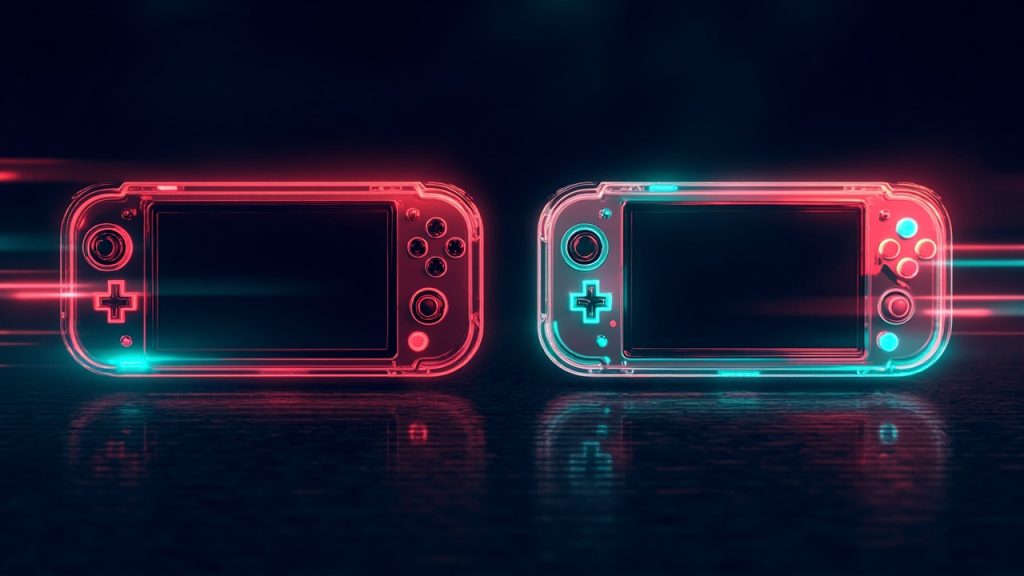 Illustration: Two handheld gaming consoles are displayed side by side, each featuring a central rectangular screen flanked by a directional pad on the left and four colored action buttons on the right, with one console in a translucent dark red casing and the othe