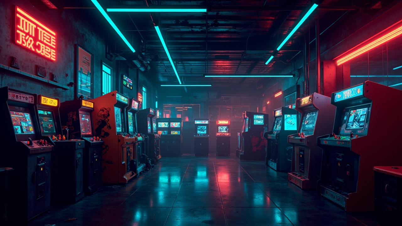 Illustration of a neon-lit retro arcade interior