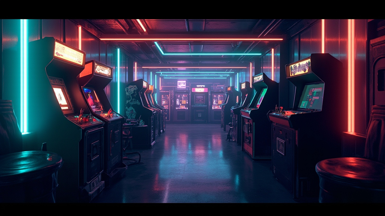 Illustration of a neon-lit retro arcade interior