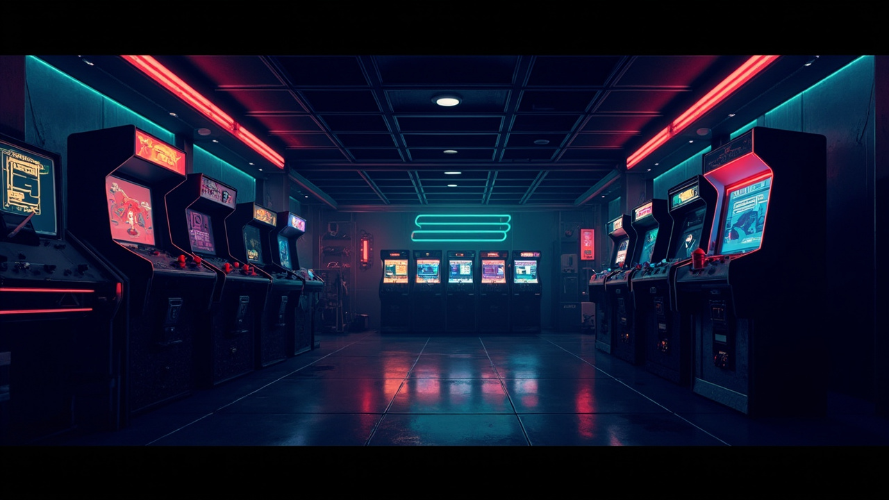 Illustration of a neon-lit retro arcade interior