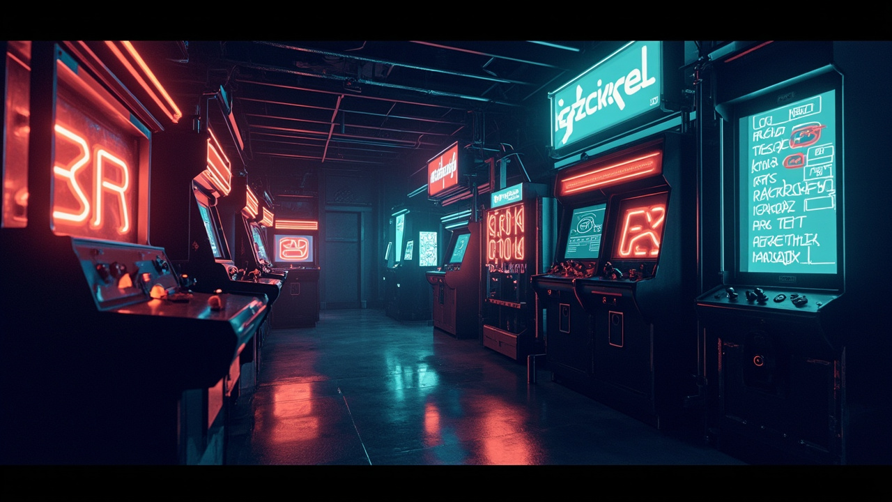 Illustration of a neon-lit retro arcade interior