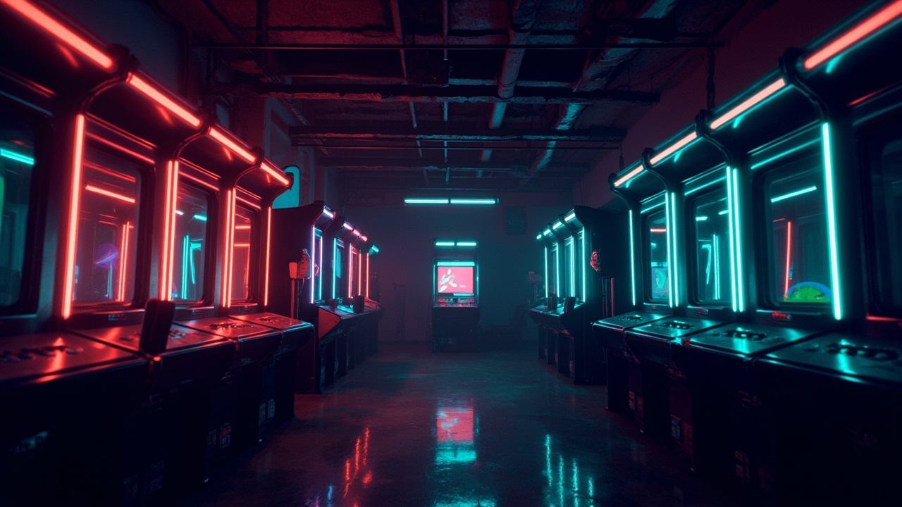 Illustration of a neon-lit retro arcade interior