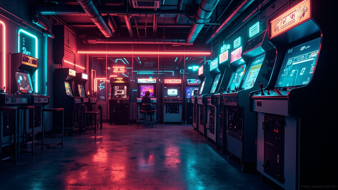Illustration of a neon-lit retro arcade interior