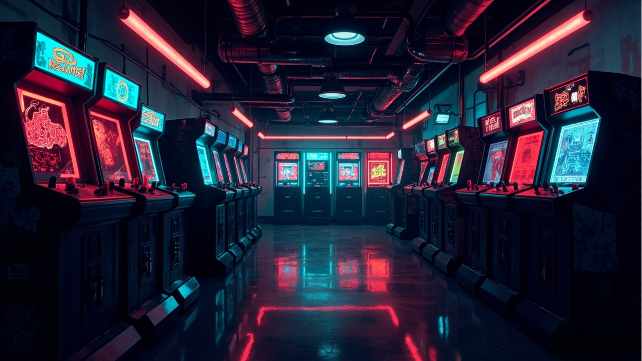 Illustration of a neon-lit retro arcade interior