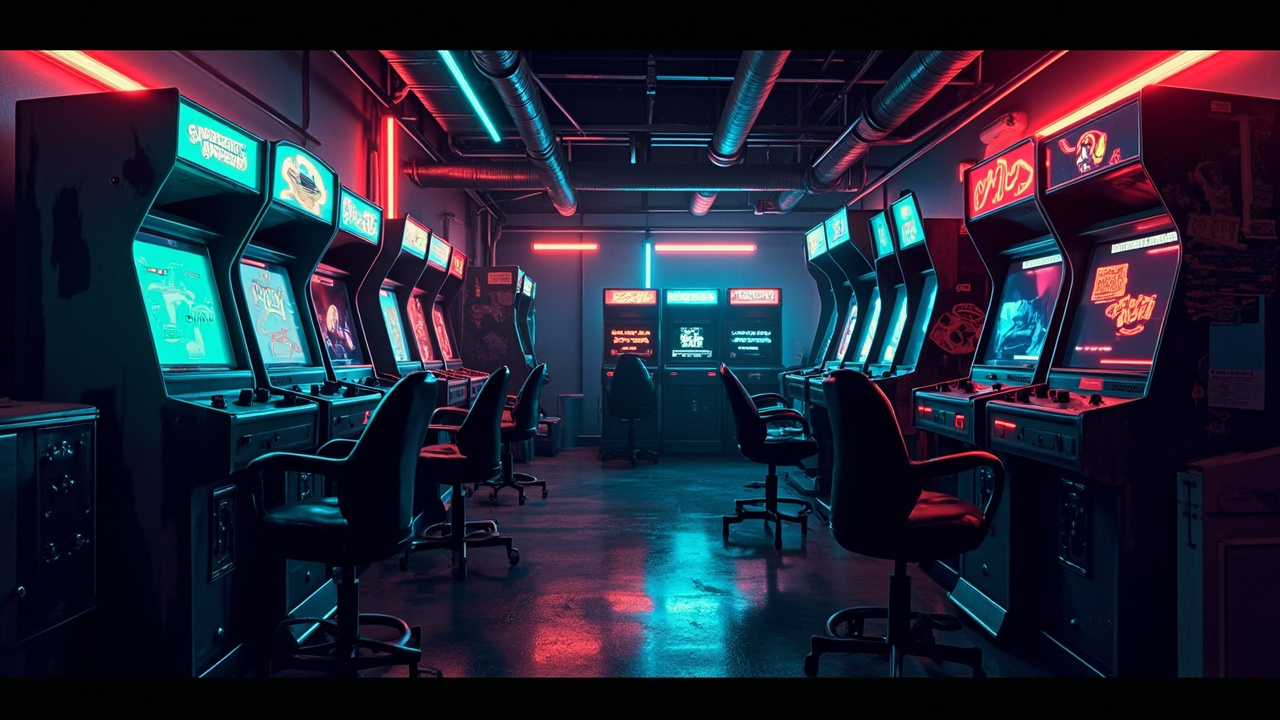 Illustration of a neon-lit retro arcade interior