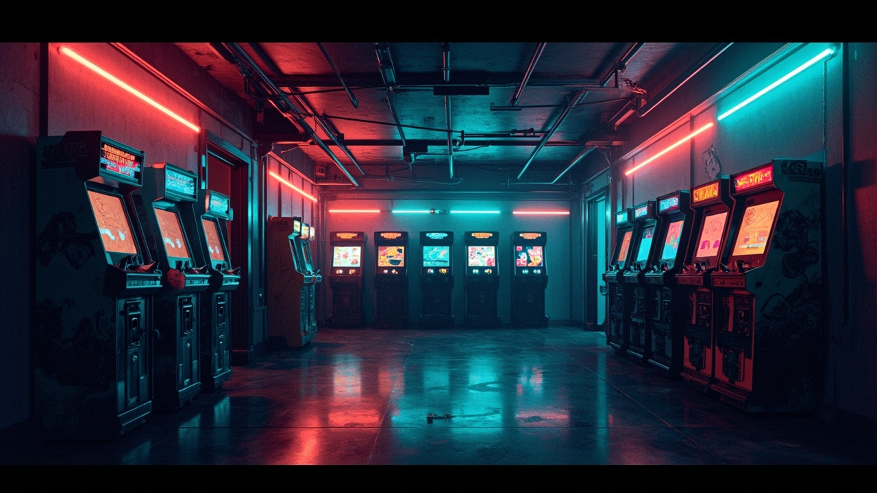 Illustration of a neon-lit retro arcade interior