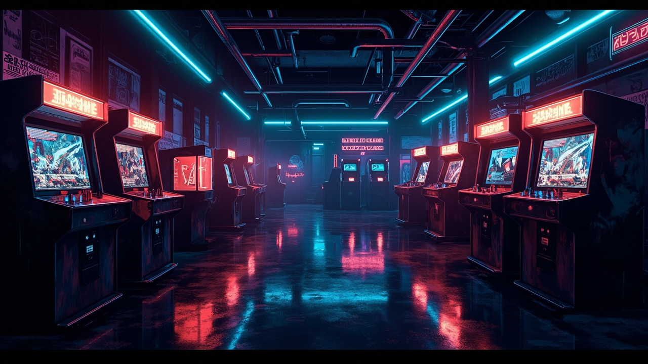 Illustration of a neon-lit retro arcade interior