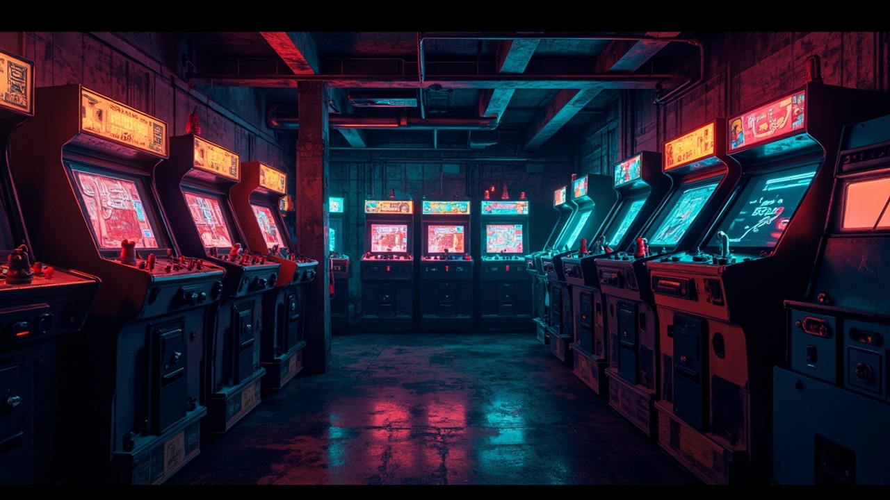 Illustration of a neon-lit retro arcade interior