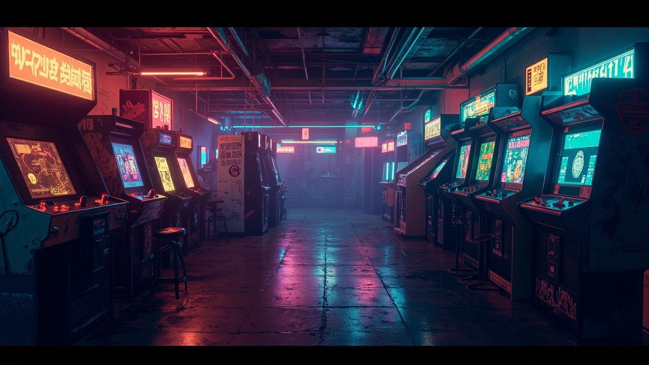 Illustration of a neon-lit retro arcade interior