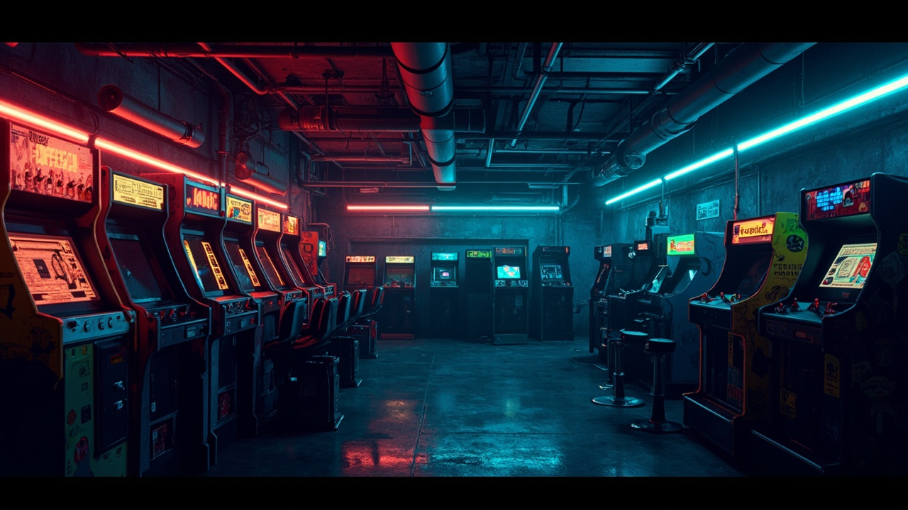 Illustration of a neon-lit retro arcade interior