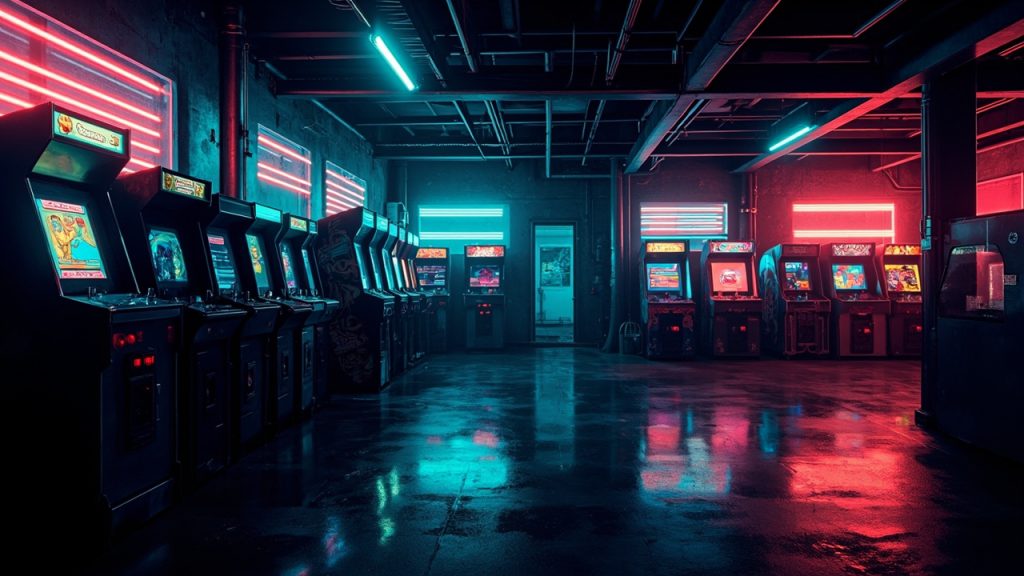 Illustration of a neon-lit retro arcade interior