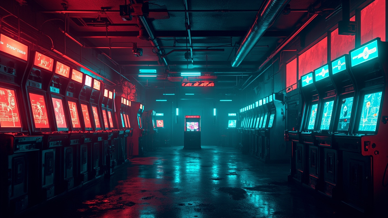 Illustration of a neon-lit retro arcade interior