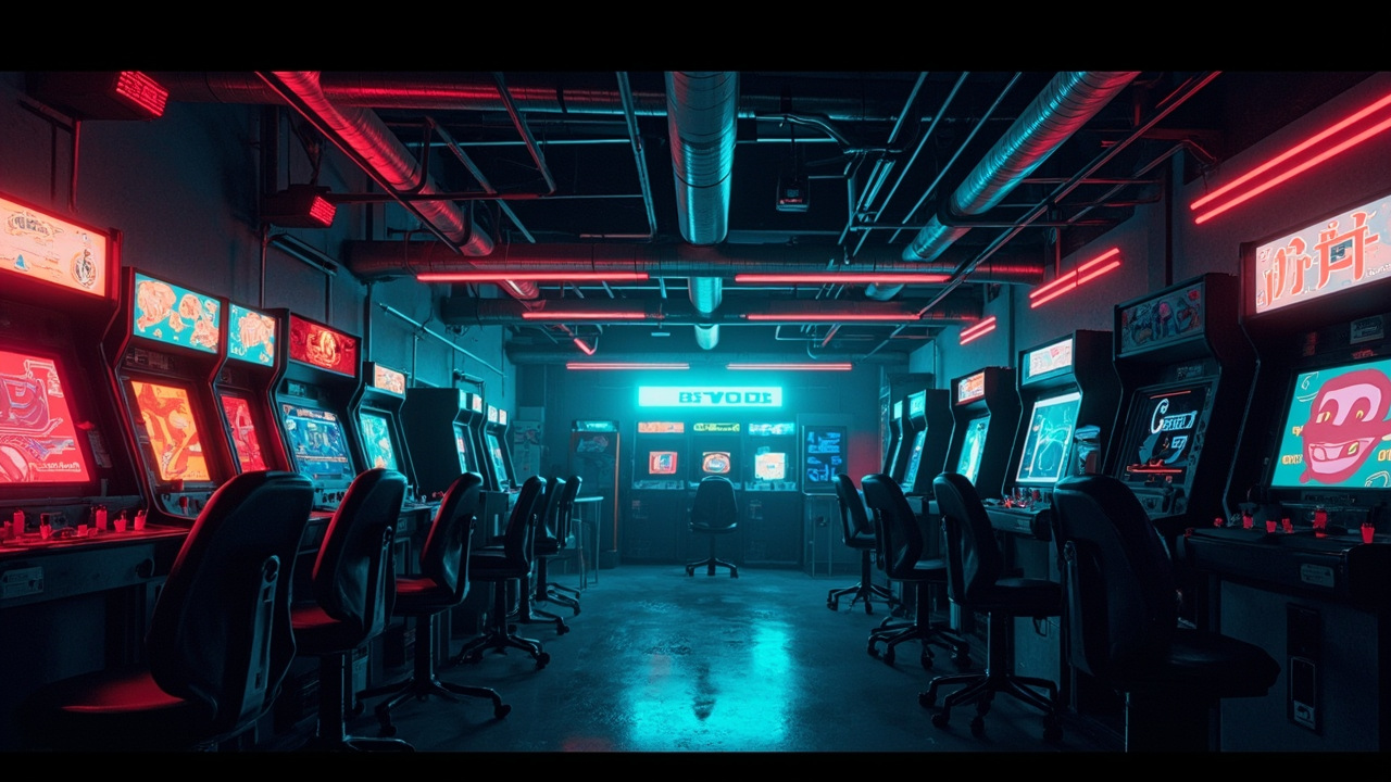Illustration of a neon-lit retro arcade interior