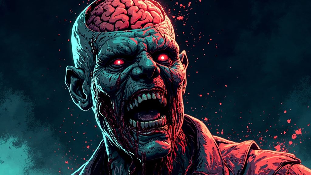 Illustration: A comic book style illustration of a zombie with exposed brain, pale decayed face, and tattered red and gray clothing, rendered with heavy ink lines and blood spatter.
