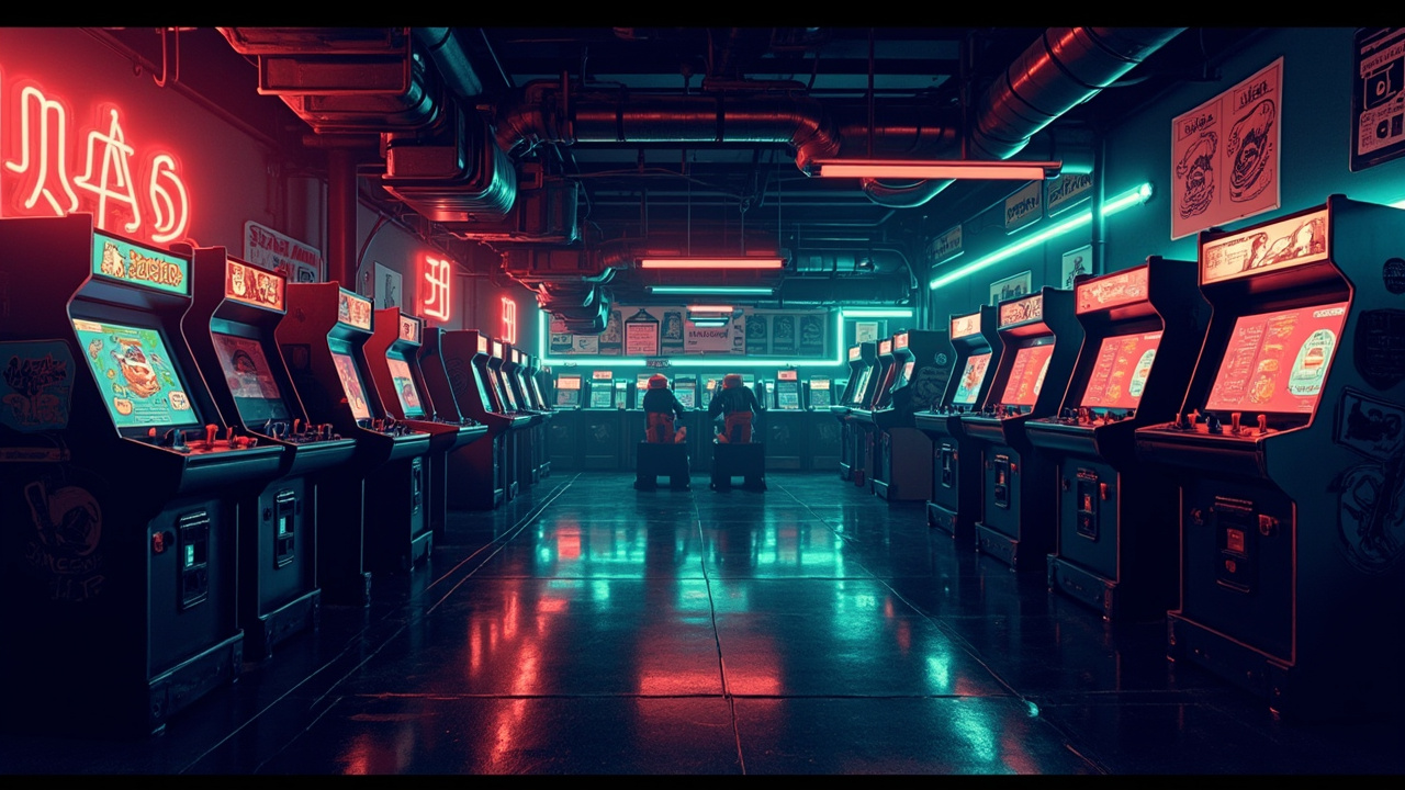 Illustration of a neon-lit retro arcade interior