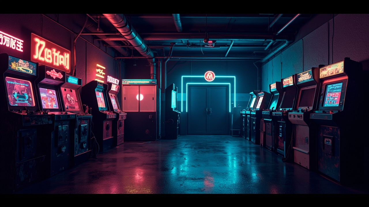 Illustration of a neon-lit retro arcade interior