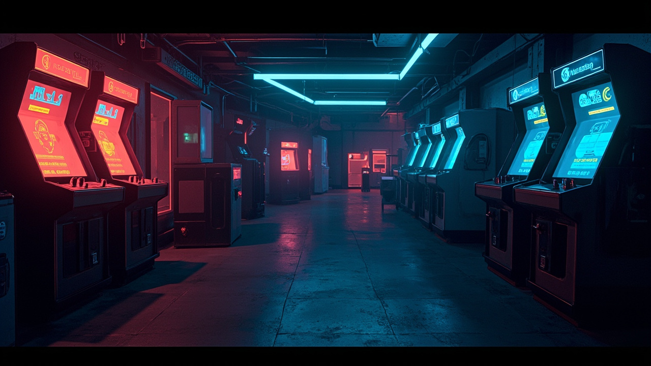 Illustration of a neon-lit retro arcade interior