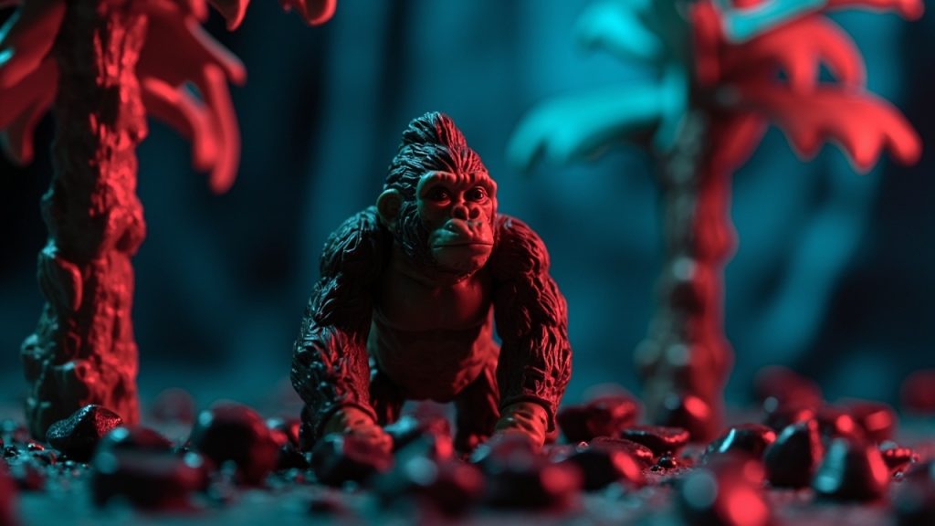 Illustration: A brown plastic gorilla figurine and a molded chocolate-brown tree structure stand together against a blurred jungle-themed backdrop.