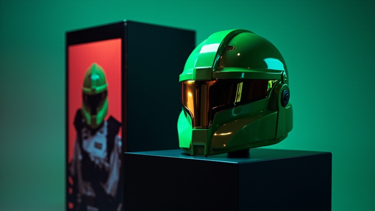 Illustration: A green armored helmet replica with a reflective gold visor sits on a black display stand next to its product packaging box against a gradient green background.