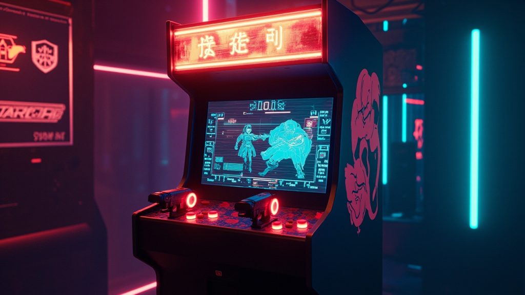Illustration: An illuminated arcade shooting game cabinet featuring a large display screen, gun-shaped light controllers mounted to the console, and a brightly lit marquee sign above the screen.