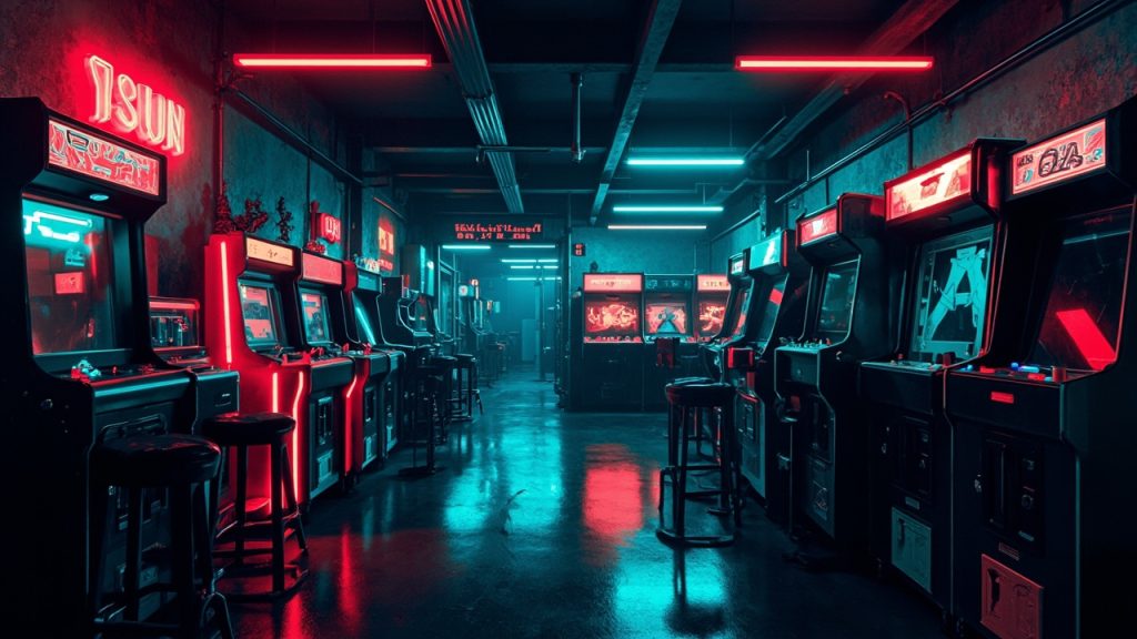 Illustration of a neon-lit retro arcade interior