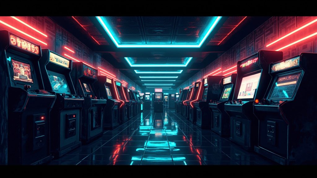 Illustration of a neon-lit retro arcade interior