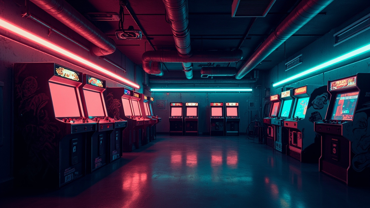 Illustration of a neon-lit retro arcade interior