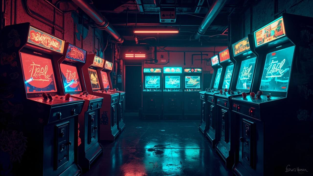 Illustration of a neon-lit retro arcade interior