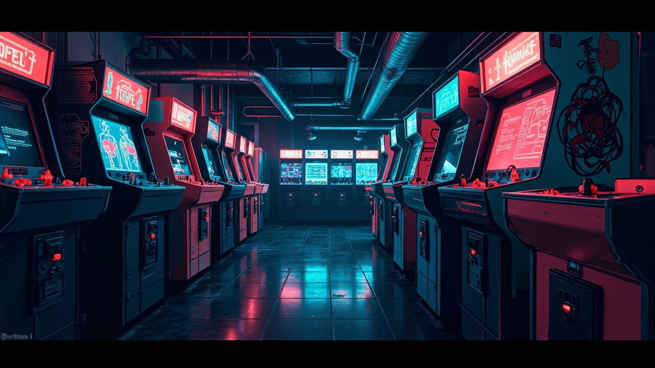 Illustration of a neon-lit retro arcade interior
