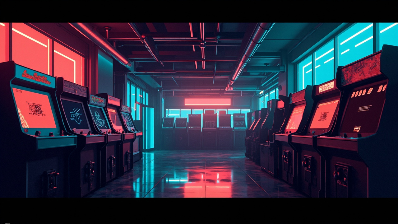 Illustration of a neon-lit retro arcade interior