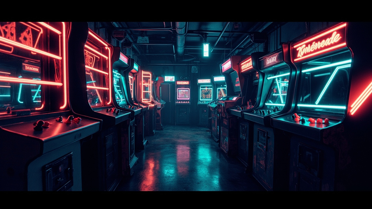 Illustration of a neon-lit retro arcade interior
