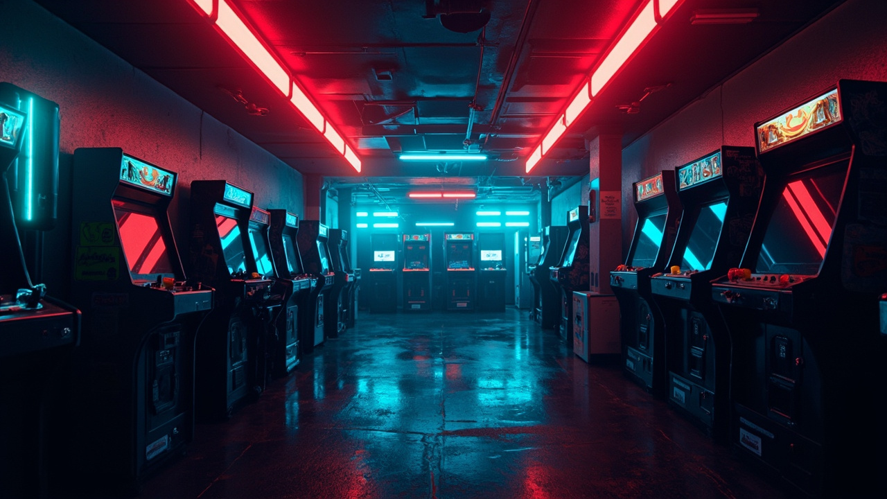 Illustration of a neon-lit retro arcade interior