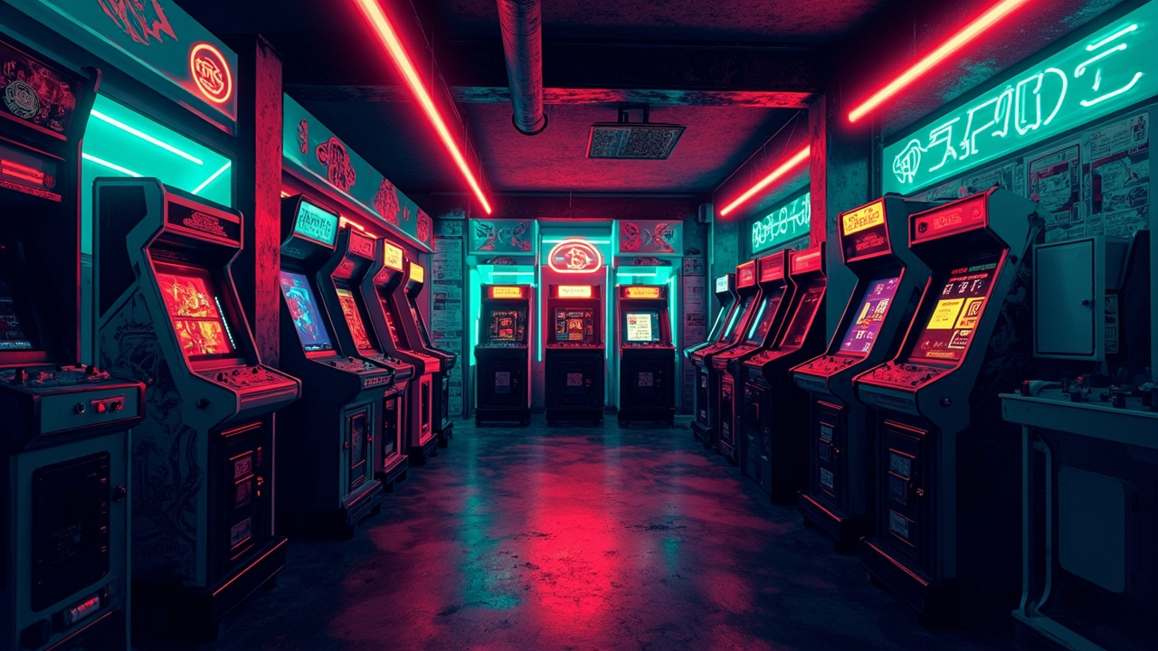 Illustration of a neon-lit retro arcade interior