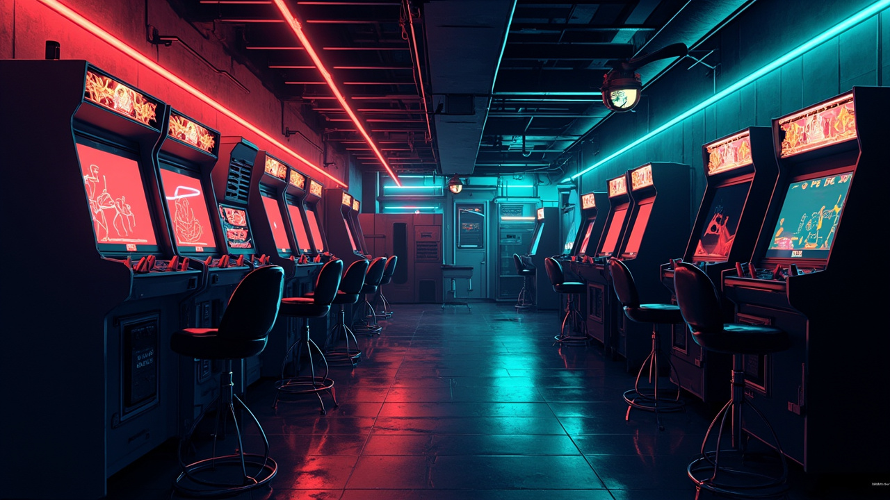Illustration of a neon-lit retro arcade interior