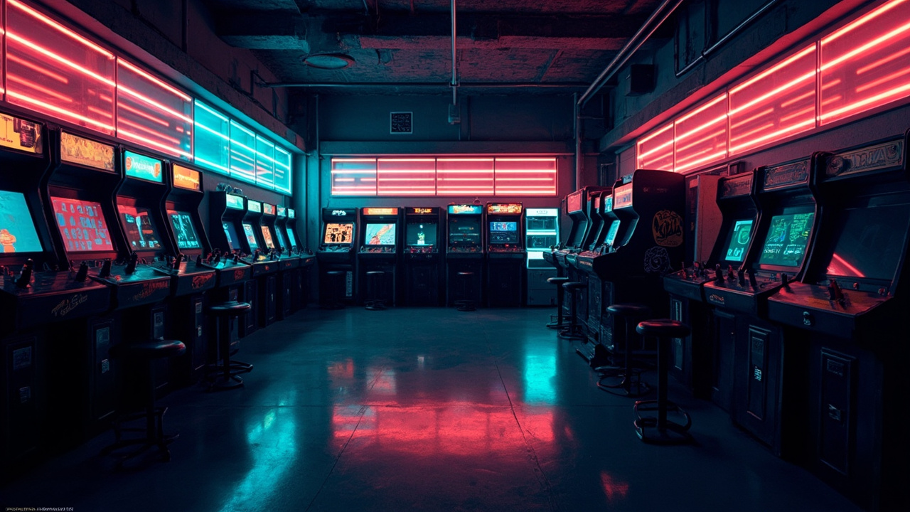 Illustration of a neon-lit retro arcade interior