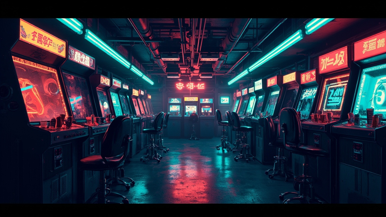 Illustration of a neon-lit retro arcade interior