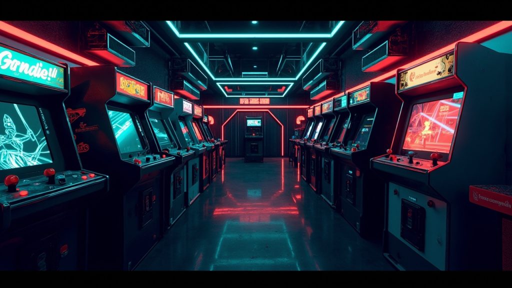 Illustration of a neon-lit retro arcade interior