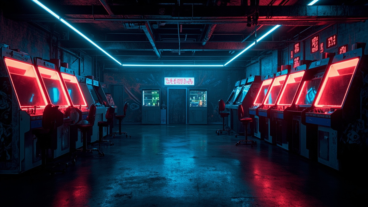 Illustration of a neon-lit retro arcade interior